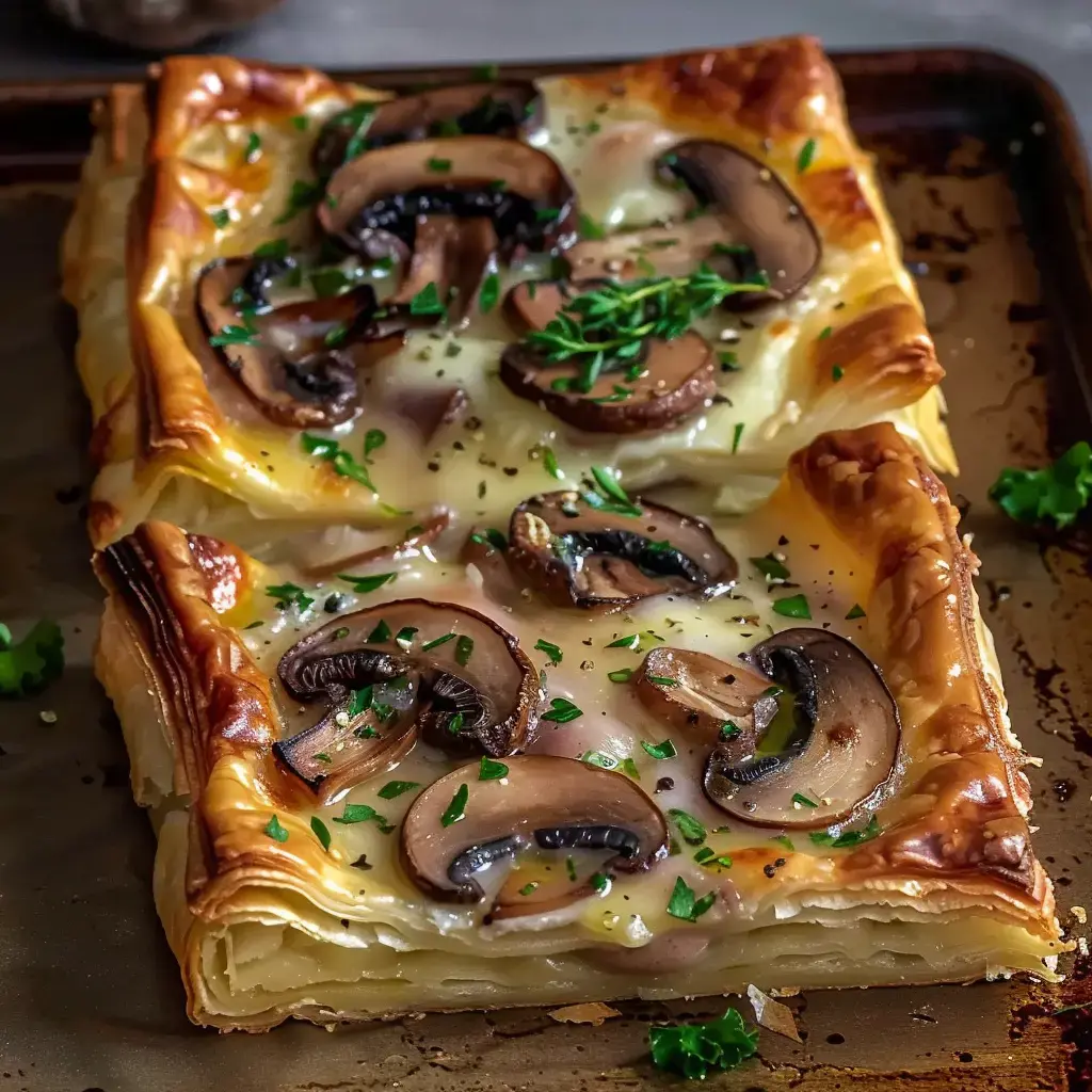 Une tarte feuilletée garnie de champignons et de fromage, parsemée de ciboulette.