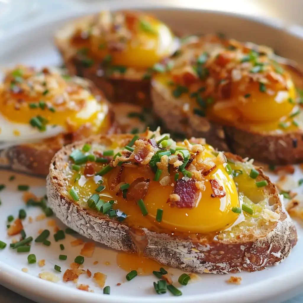 Des tranches de pain garnies de jaune d'œuf coulant, de bacon croustillant et de ciboulette.