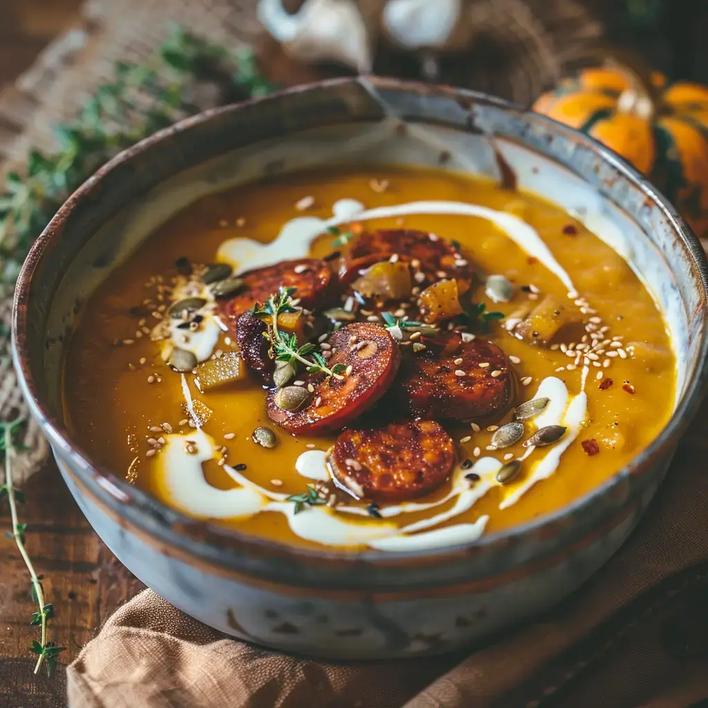 Un bol de soupe de courge garnie de tranches de chorizo, de graines et d'un filet de crème, décoré de thym.