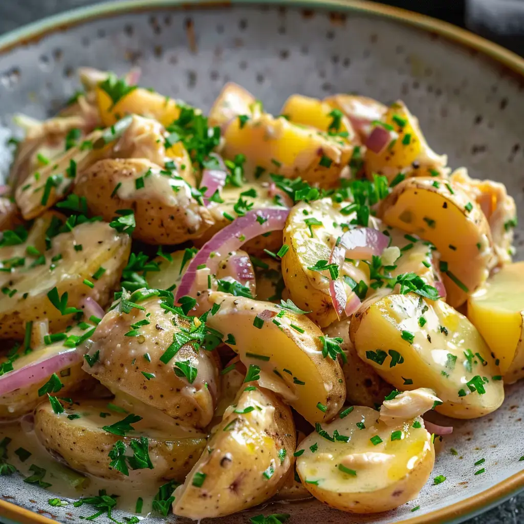 Une assiette de pommes de terre coupées, garnies de ciboulette et d'oignons rouges, accompagnées d'une sauce crémeuse.