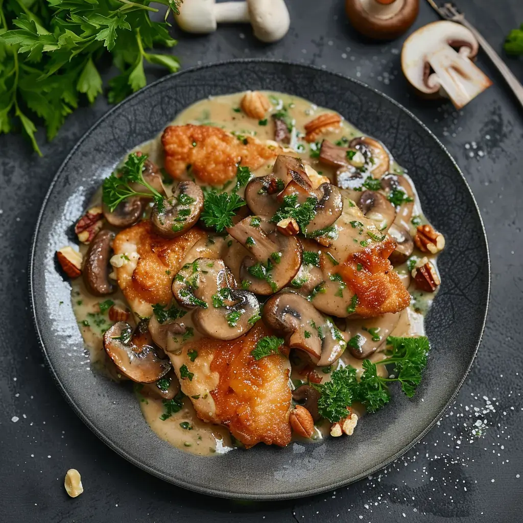 Un plat de poulet pané servi avec une sauce crémeuse aux champignons et des noix, décoré de persil frais.