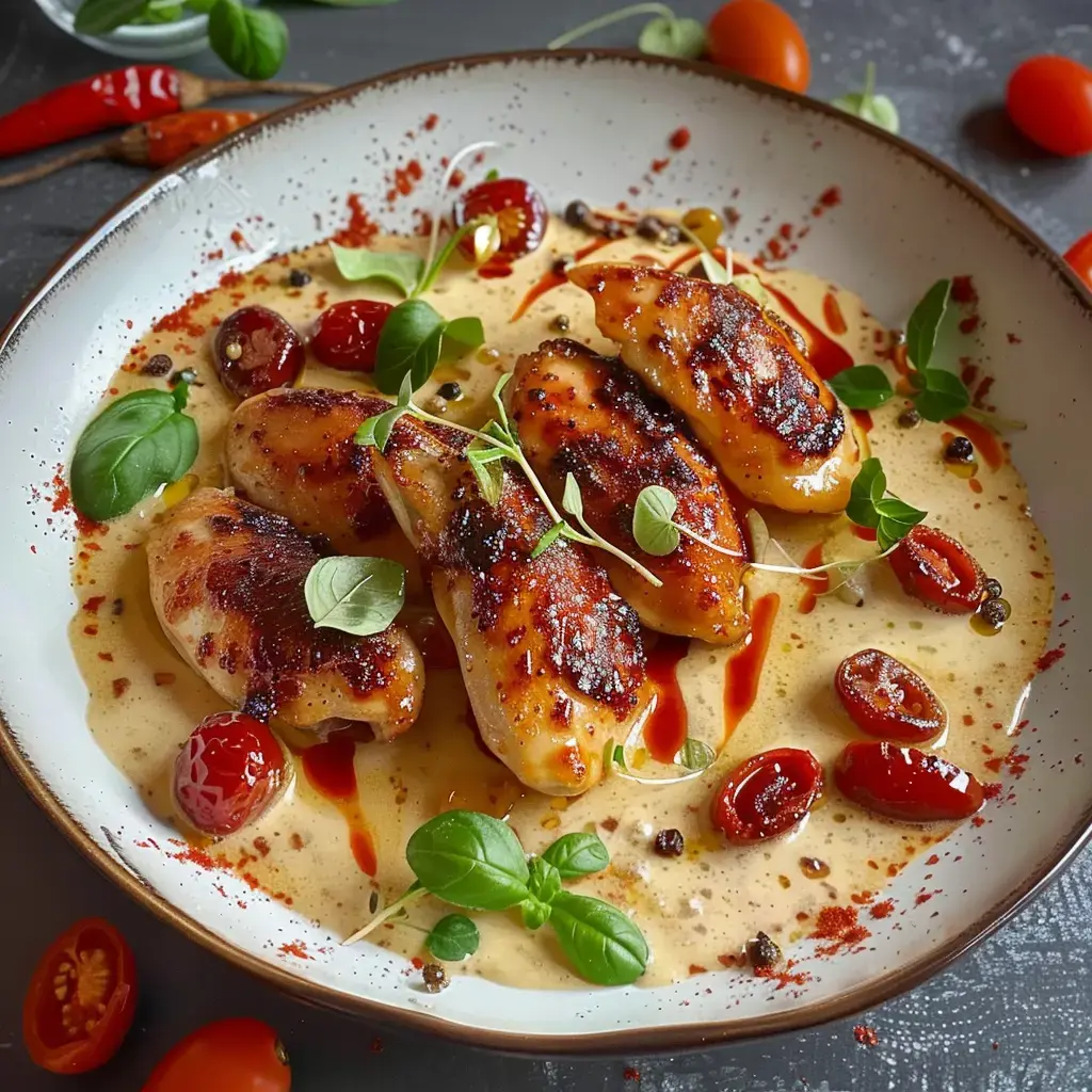 Plat de poulet grillé sur une sauce crémeuse, garni de tomates cerises et de feuilles de basilic.