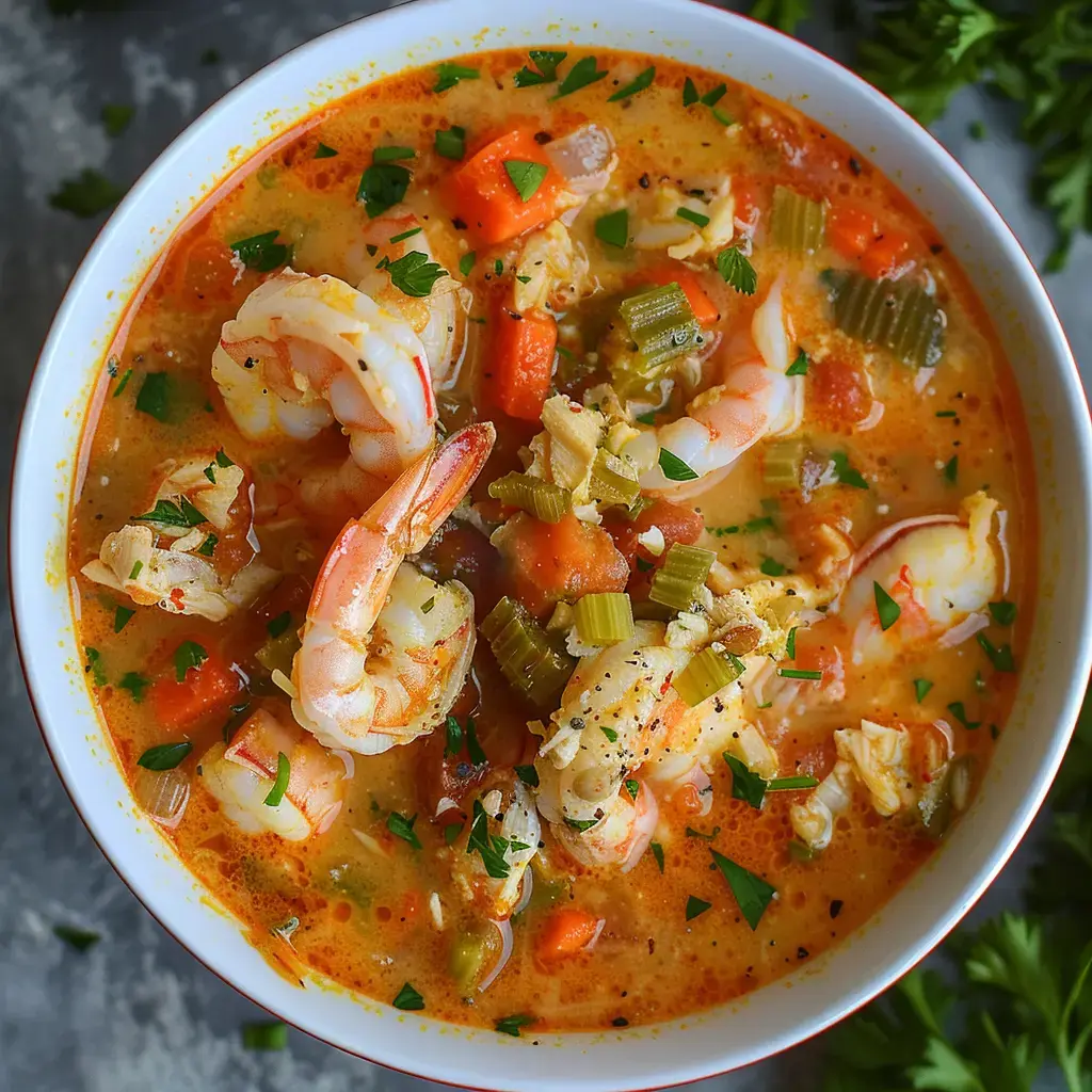 Une bol de soupe aux crevettes riche en légumes colorés, garnie de persil frais.