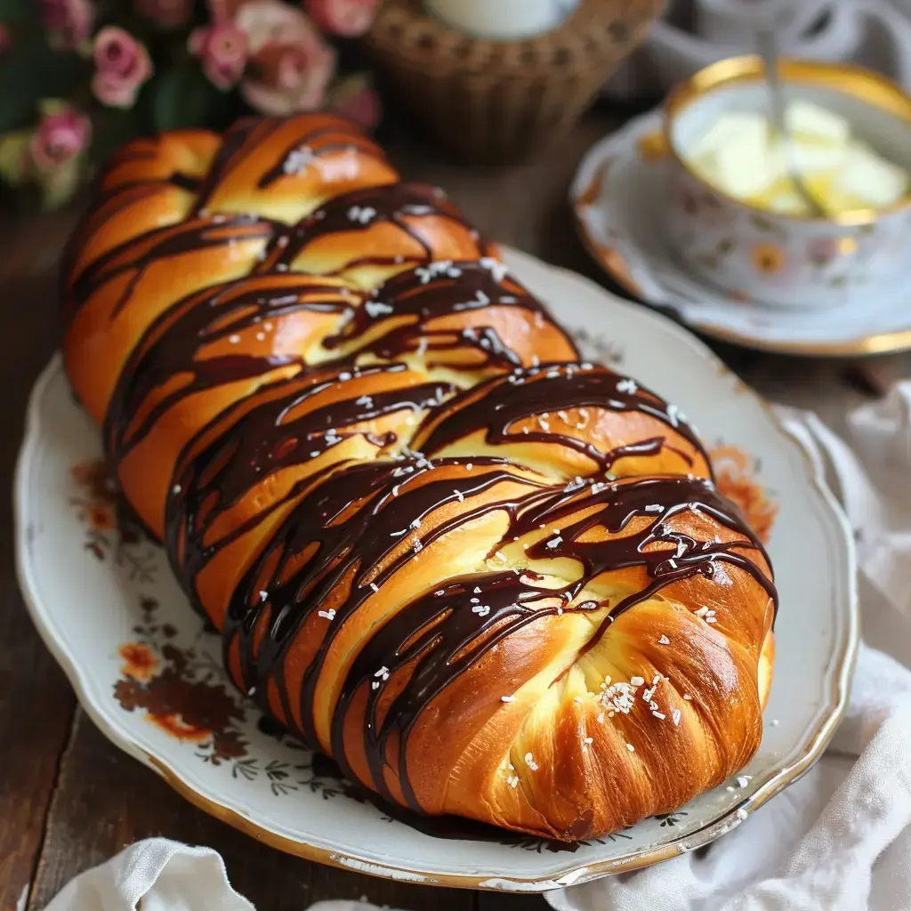 Un pain tressé doré, garni de chocolat fondu et de morceaux de sel, est présenté sur une assiette décorative, accompagné d'un bol de beurre.