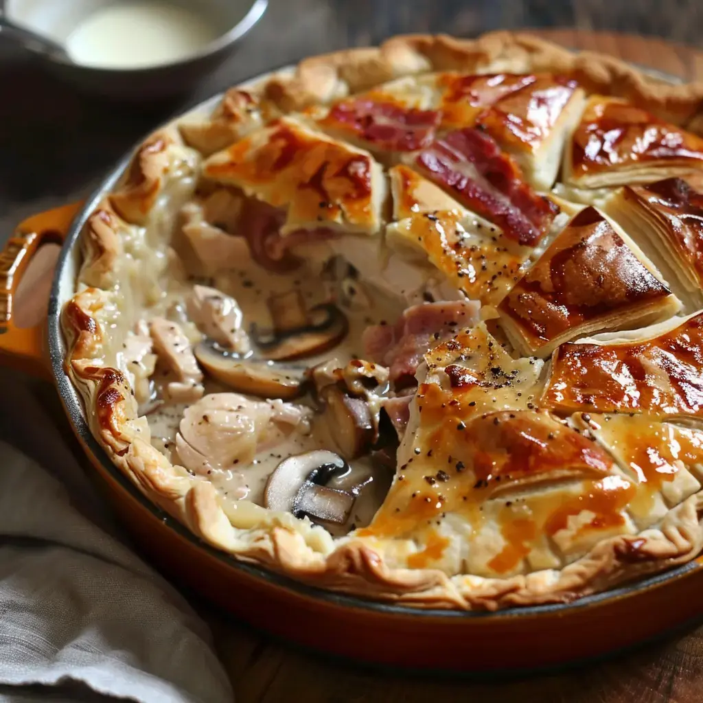 Une tarte faite maison, garnie de poulet, champignons et une sauce crémeuse, avec une croûte dorée et croustillante.