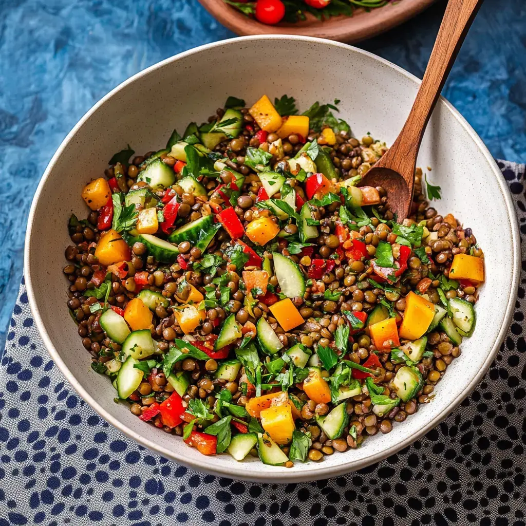 Salade colorée de lentilles mélangées avec des légumes frais comme des poivrons, des concombres et de la coriandre.