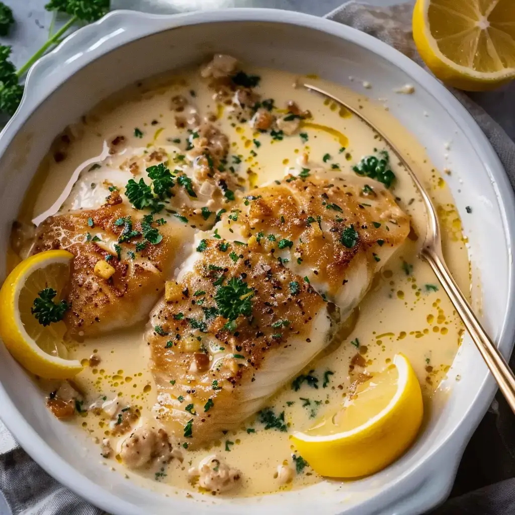 Un plat de poisson cuit dans une sauce crémeuse, garni de persil et de quartiers de citron.