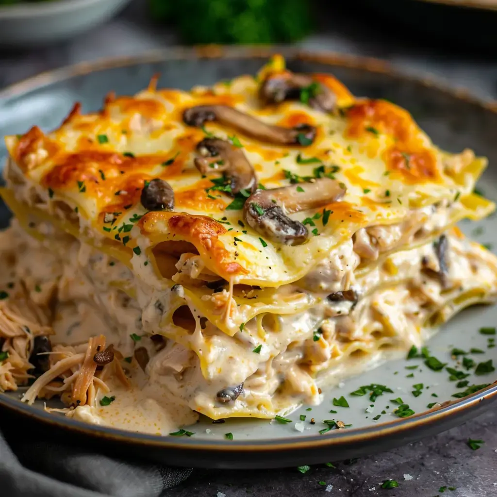 Une lasagne crémeuse aux champignons et au poulet, garnie de fromage doré et de persil frais.