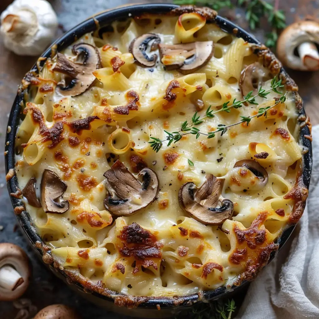 Un plat de pâtes gratinées au fromage, garni de champignons et de thym frais.