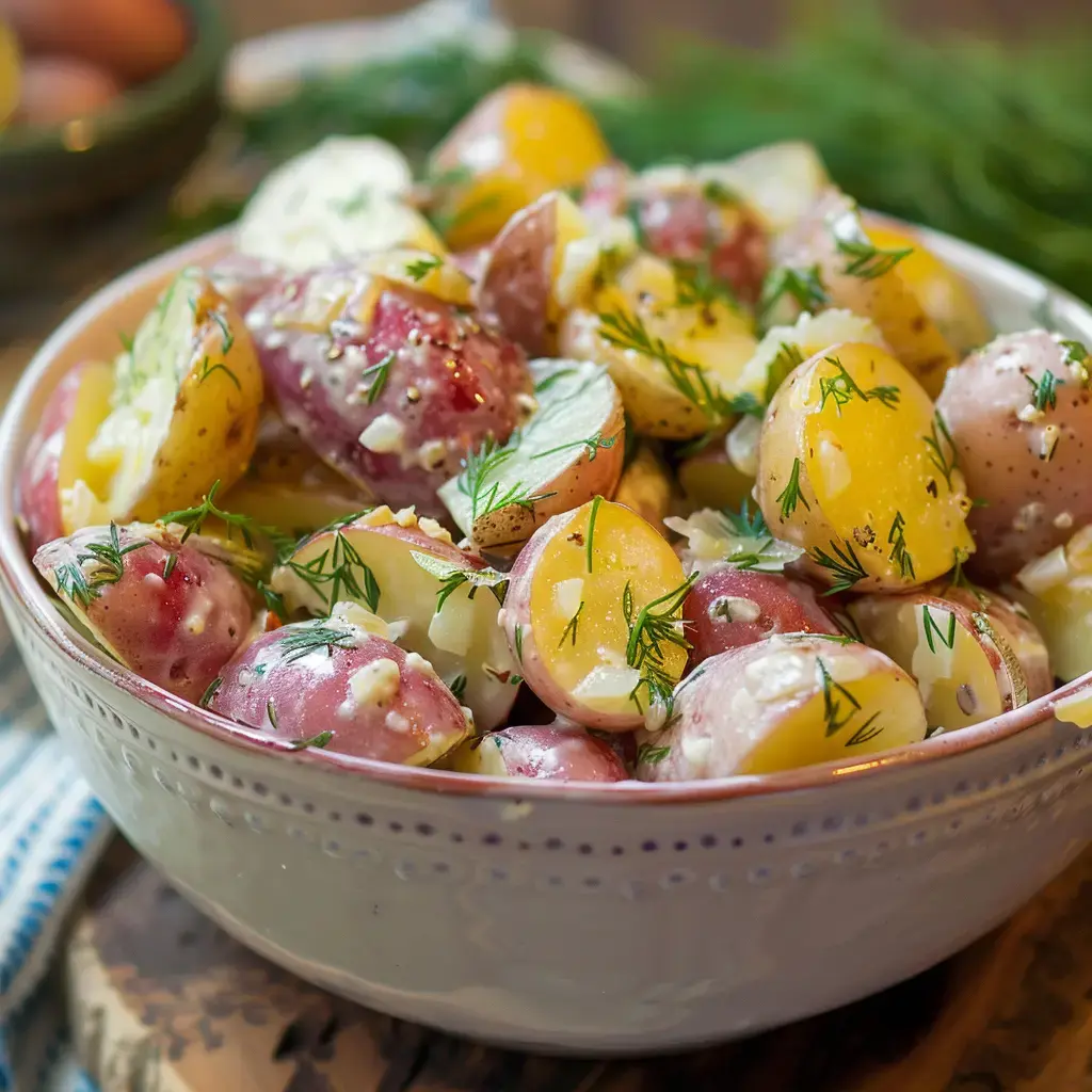 Une salade de pommes de terre colorées avec de l'aneth et une sauce crémeuse.