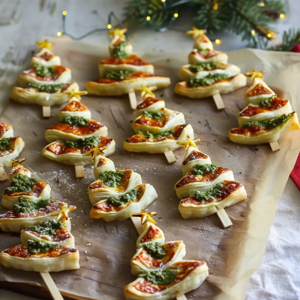 Des petites décorations de Noël en pâte feuilletée, en forme d'arbres, sont présentées sur du papier cuisson.