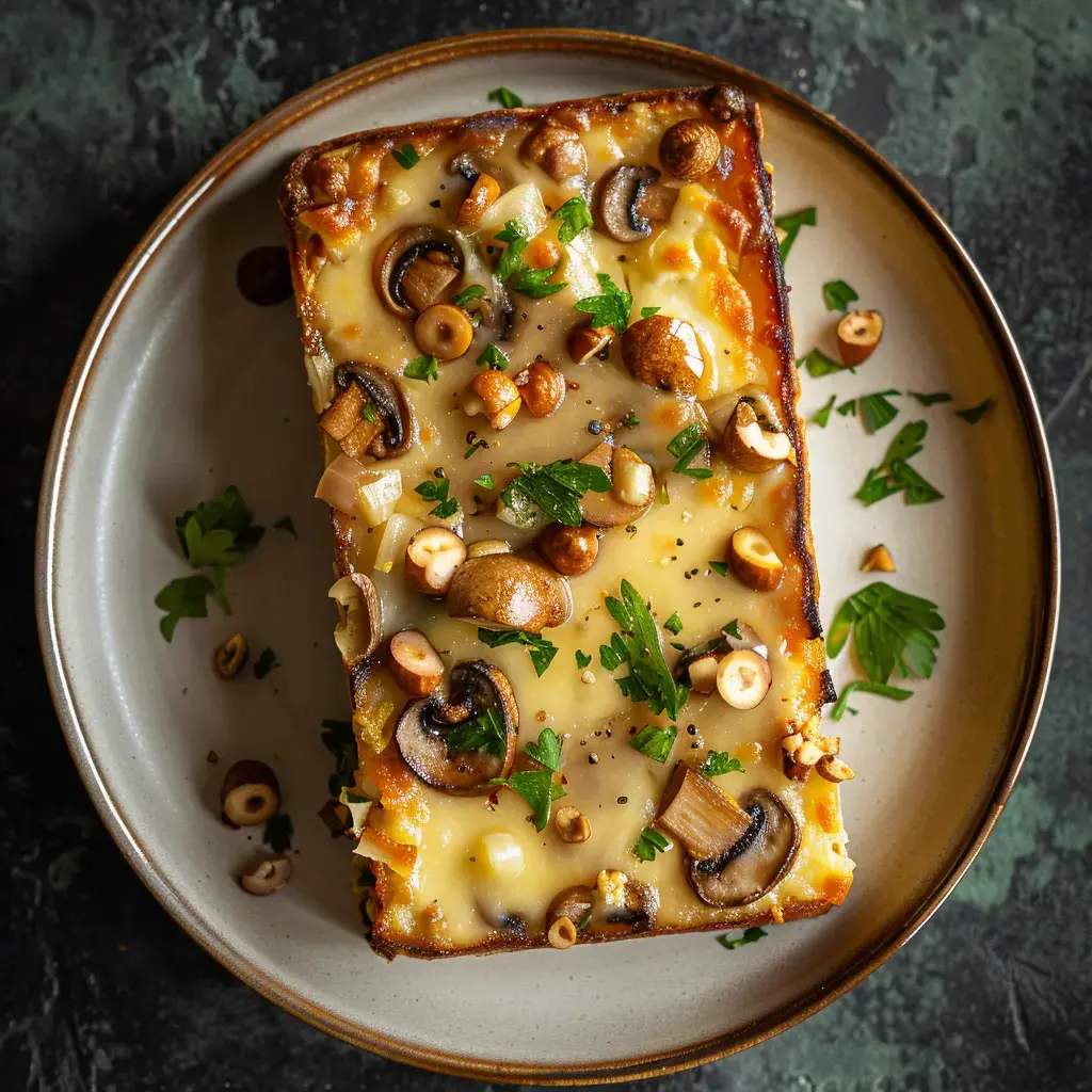 Un plat de lasagne agrémenté de champignons et de noix, garni de persil frais, présenté dans une assiette.