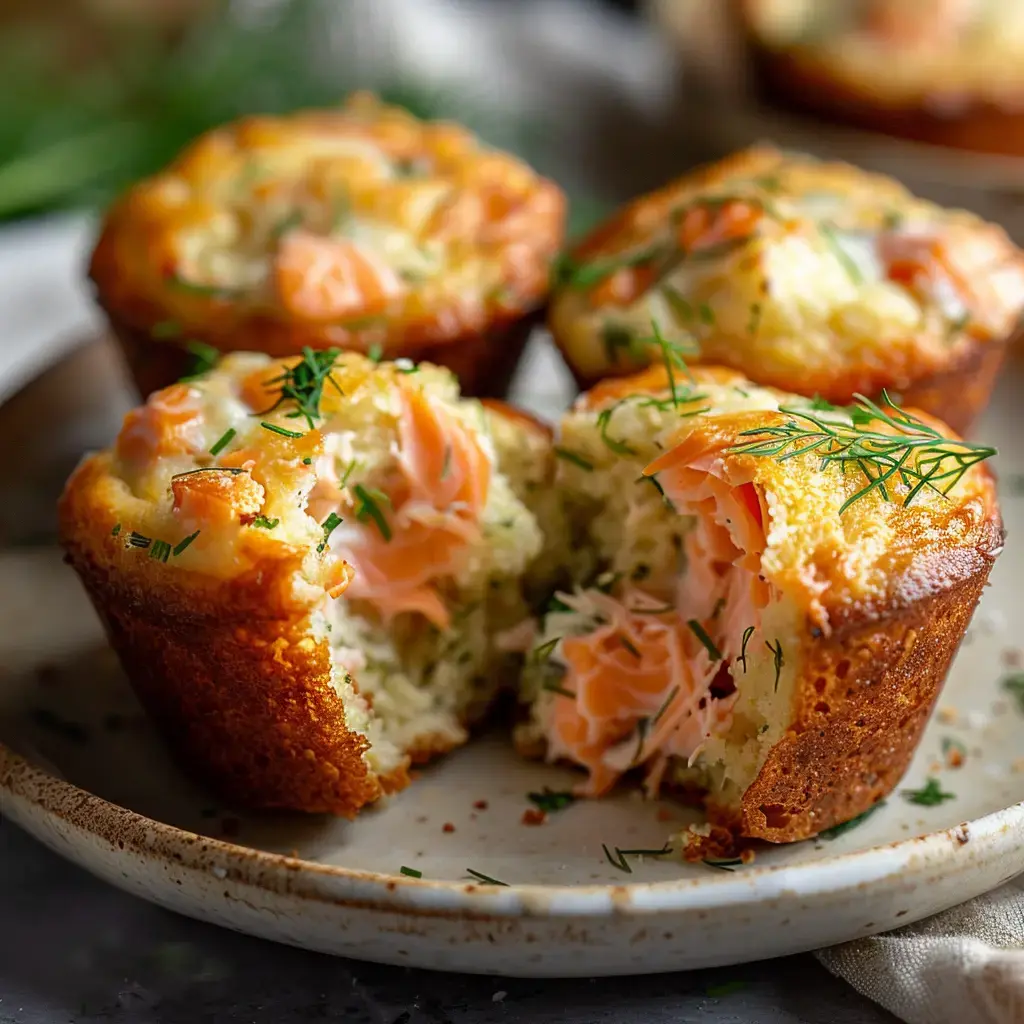 Des muffins dorés garnis de saumon et d'herbes, présentés sur une assiette.