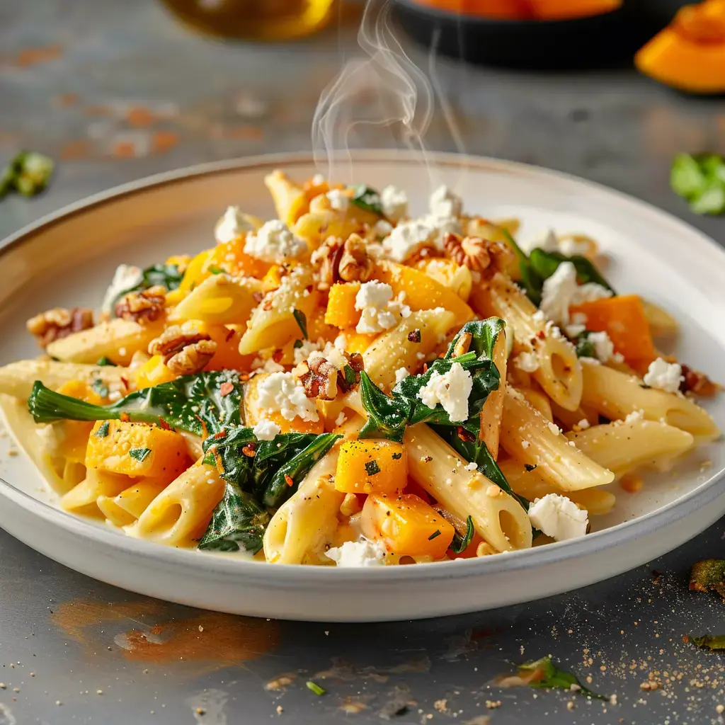 Un plat de pâtes penne fumantes avec de la courge, des épinards, des noix grillées et de la feta, servi dans une assiette blanche.