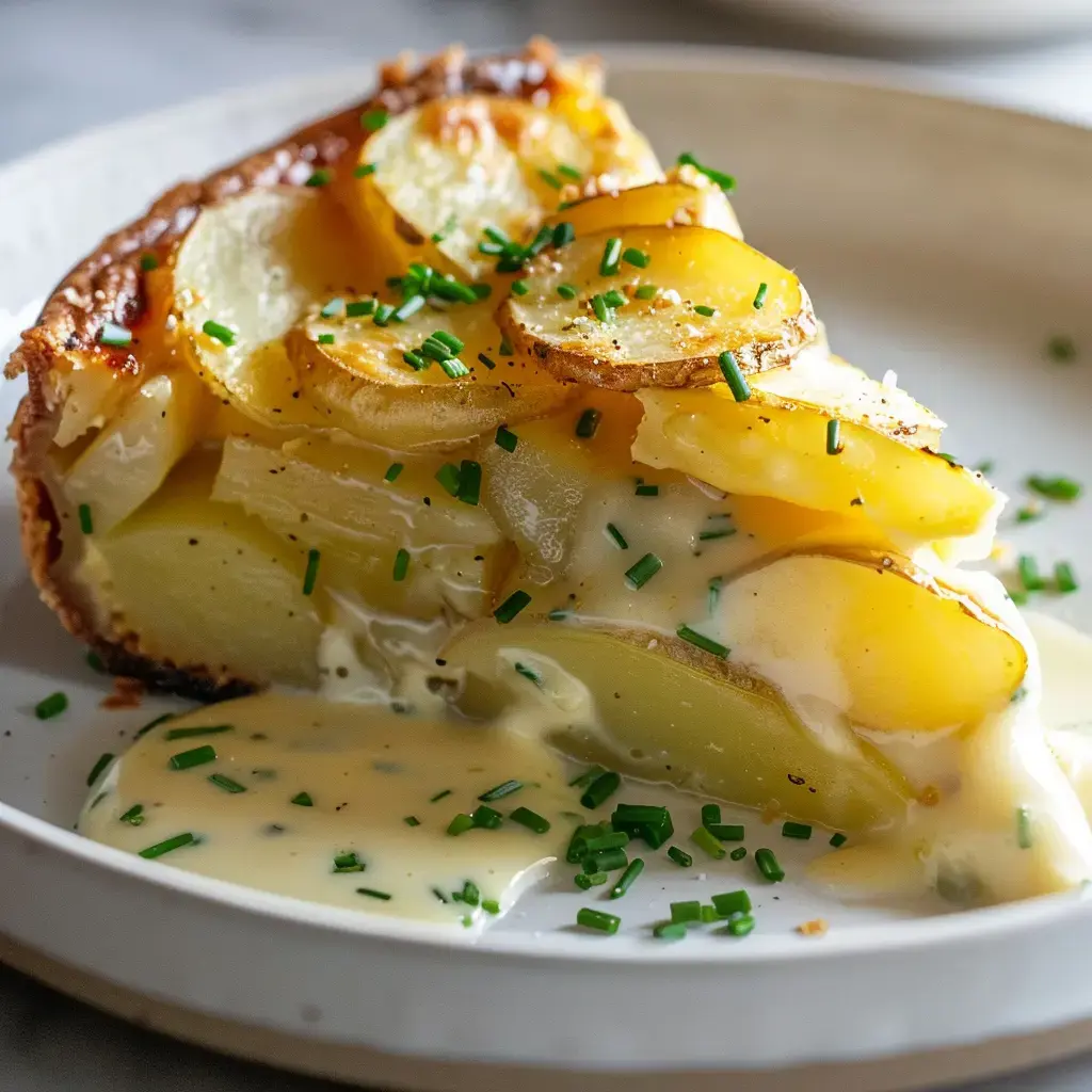 Une part de gratin de pommes de terre garnie de ciboulette et de sauce crémeuse.