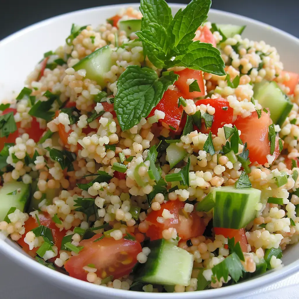 Une salade colorée de couscous garnie de tomates, de concombre et de menthe.