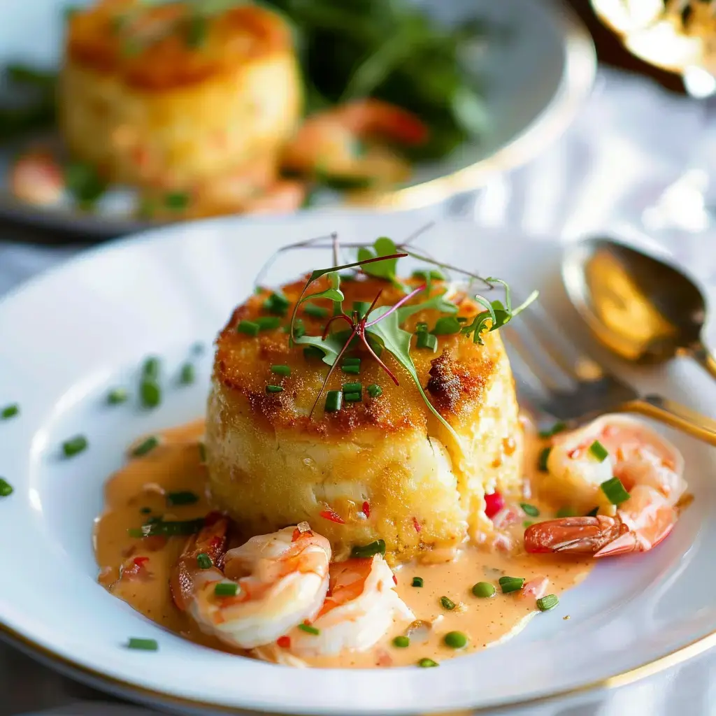 Un plat élégant composé d'un gâteau salé au maïs, garni de crevettes et accompagné d'une sauce crémeuse.