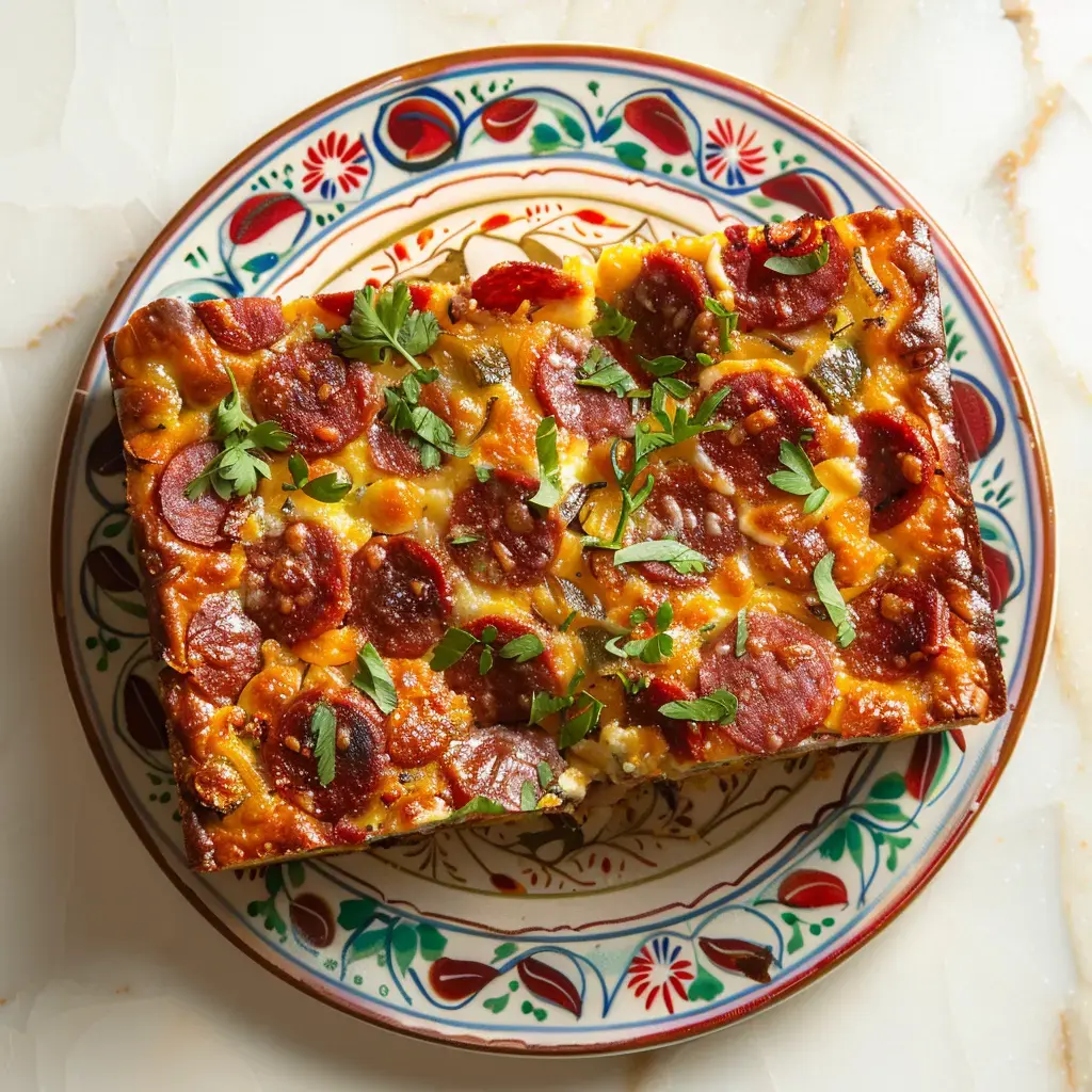 Une tarte garnie de pepperoni et de persil frais, servie sur une assiette décorative.