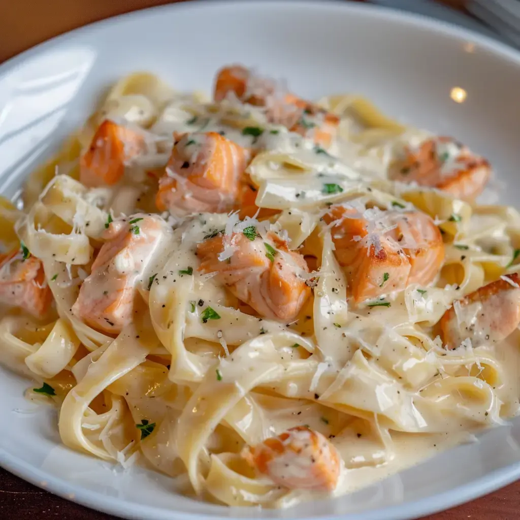 Des tagliatelles crémeuses garnies de morceaux de saumon et de parmesan.