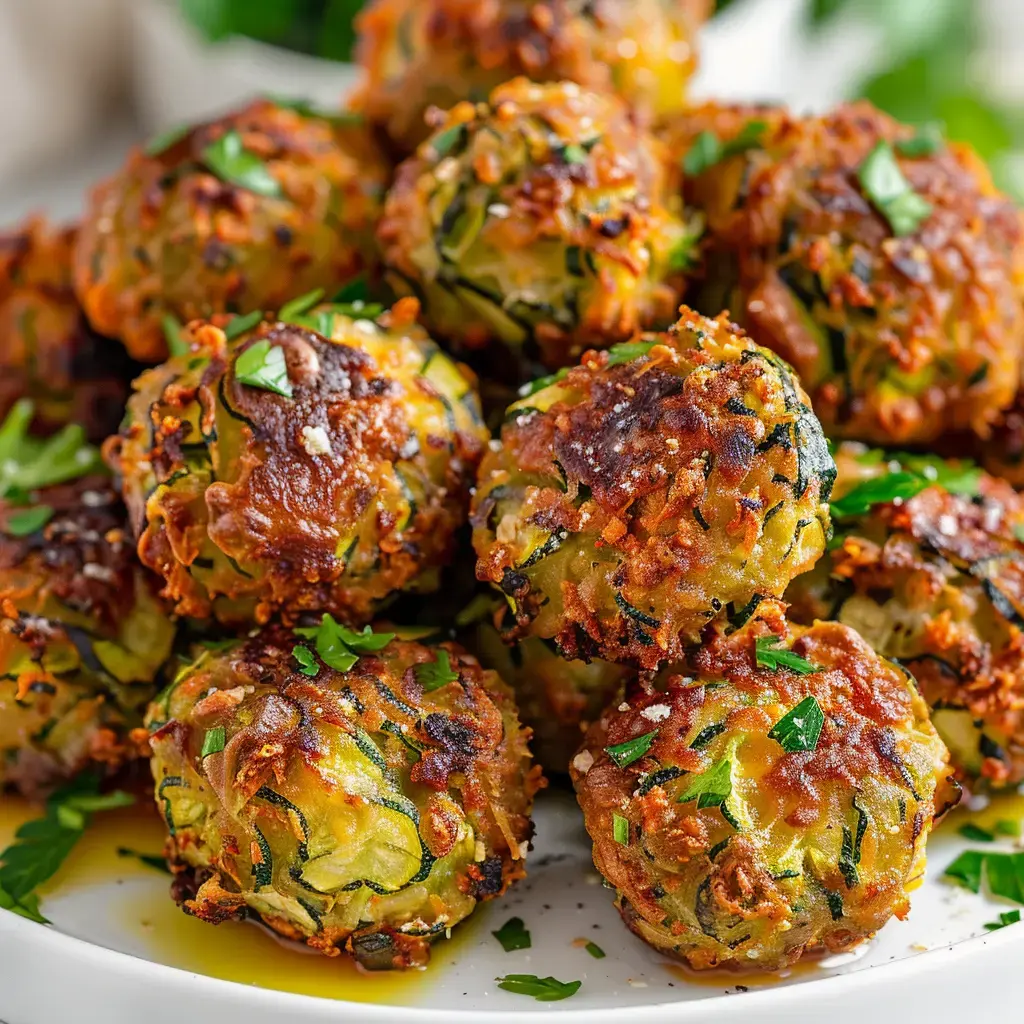 Des boulettes croustillantes à base de courgette, garnies de persil, présentées sur une assiette blanche.