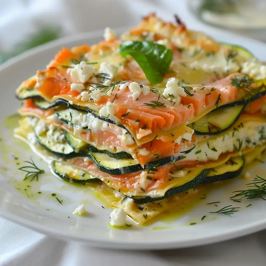 Lasagne de saumon et de courgette, garnie de fromage et d'herbes fraîches, servie dans une assiette blanche.