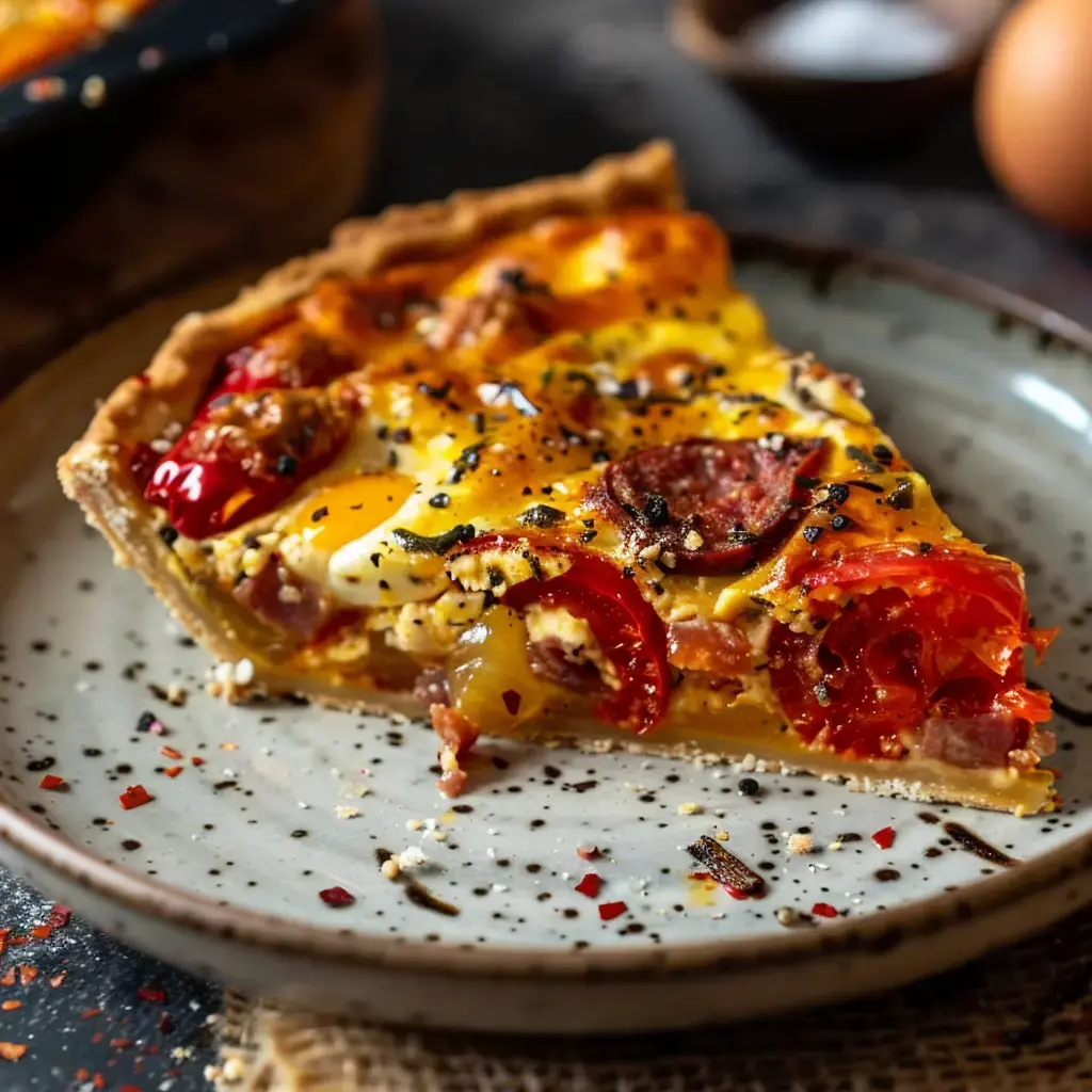 Une part de tarte salée garnie de tomates, de viande, et d'œufs, présentée sur une assiette.