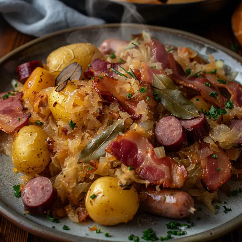 Un plat savoureux composé de pommes de terre jaunes, de choucroute, de lard et de saucisses, garni de feuilles de laurier.