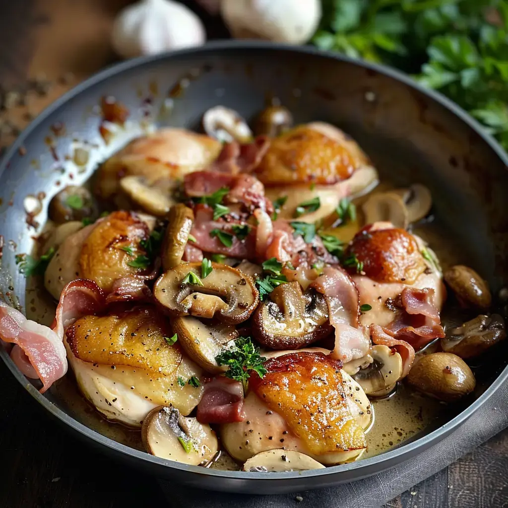 Une poêle contient des morceaux de poulet rôtis garnis de lard, de champignons et de persil frais.