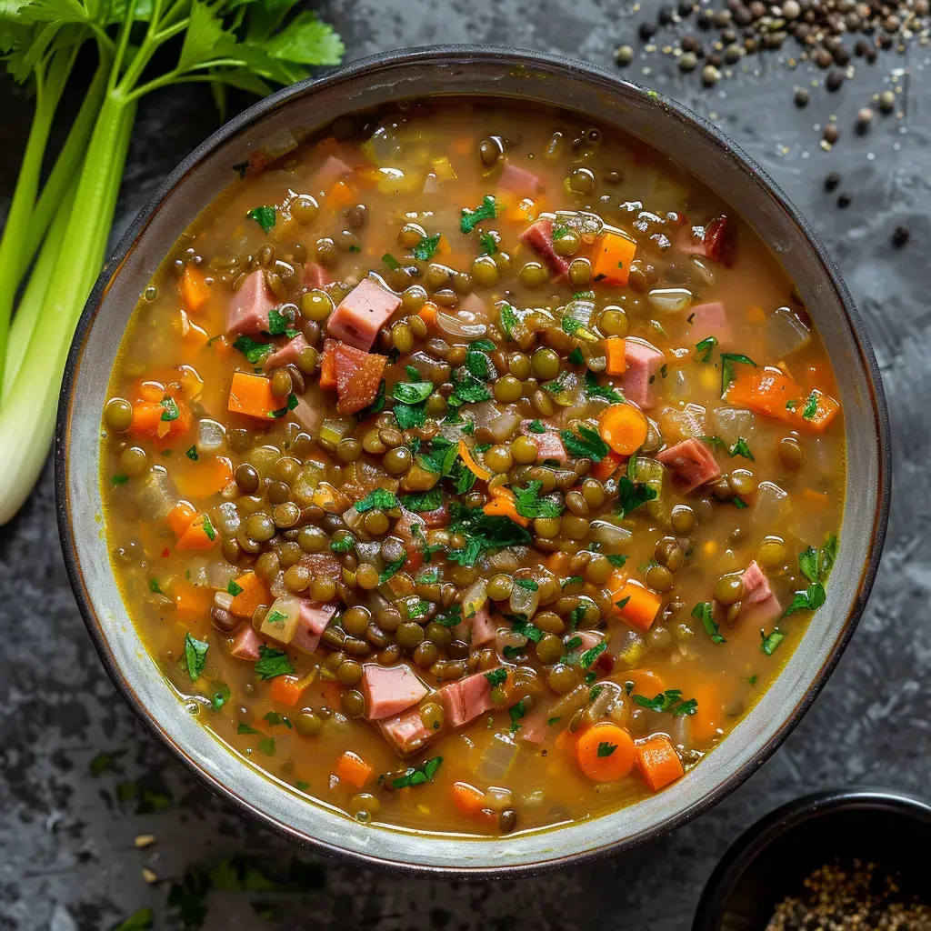 Un bol de soupe de lentilles, garni de morceaux de carottes, de jambon et de persil frais, accompagné de branches de céleri.