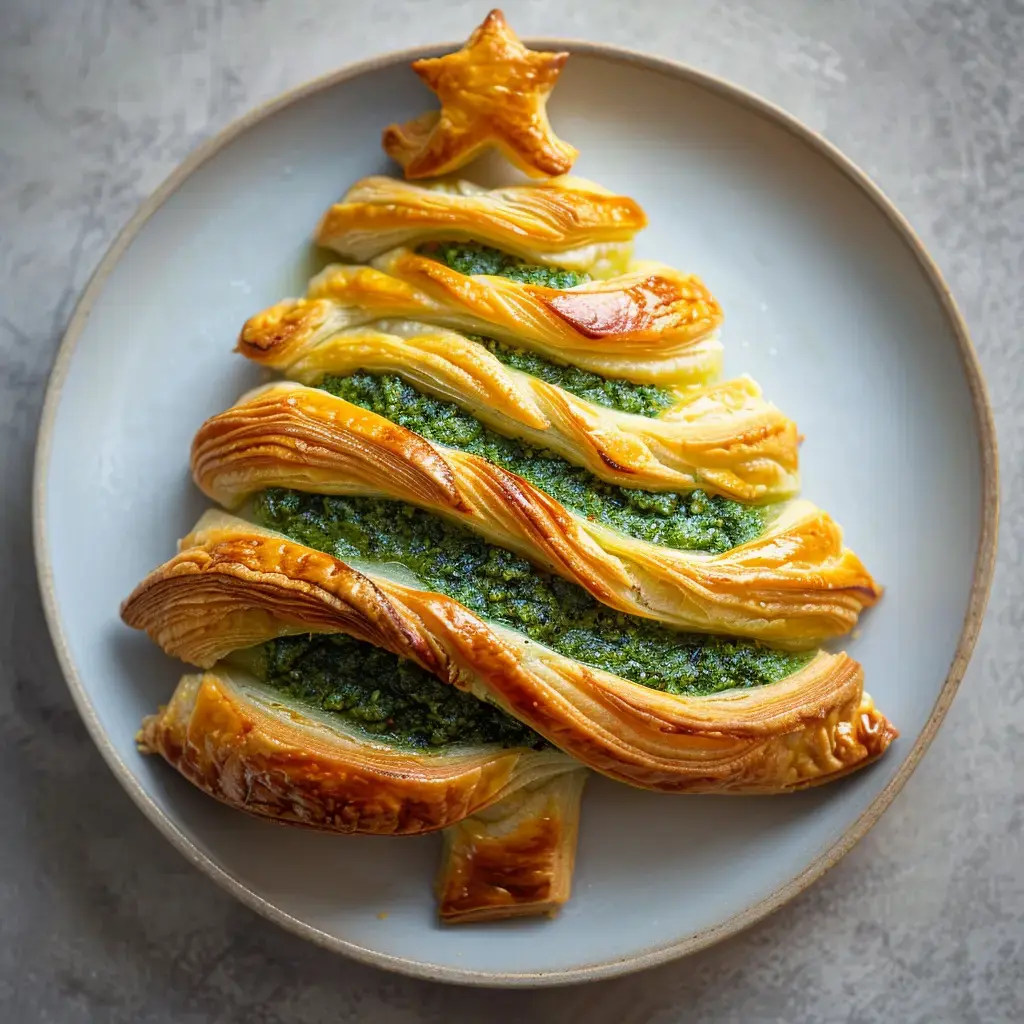 Une pâte feuilletée en forme de sapin de Noël, garnie de pesto et décorée d'une étoile dorée en haut.