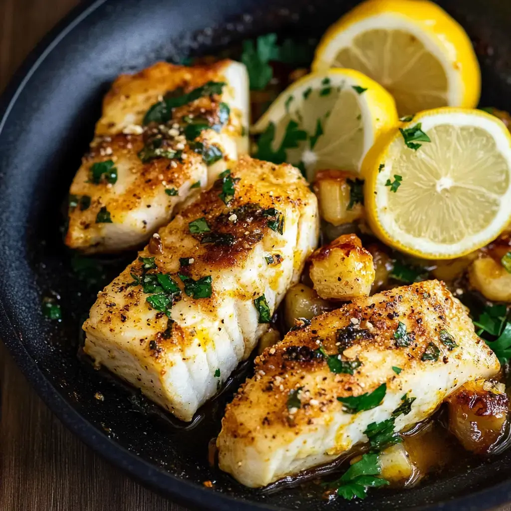 Filets de poisson garnis de persil et accompagnés de tranches de citron dans une poêle.