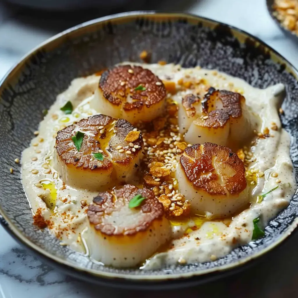 Des noix de saint-jacques poêlées sont servies sur un lit de purée crémeuse, garnies de sésame et d'herbes.