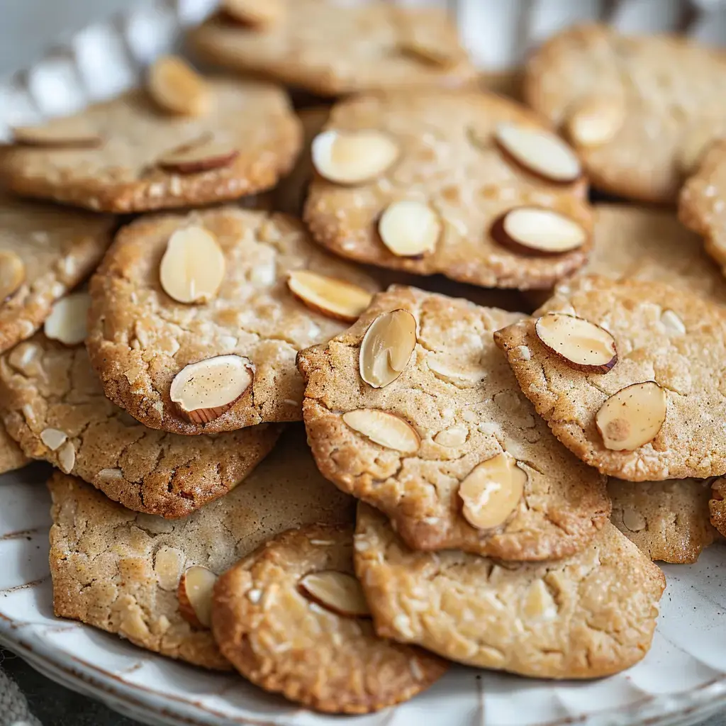 Des biscuits dorés garnis d'amandes tranchées sont disposés sur une assiette.