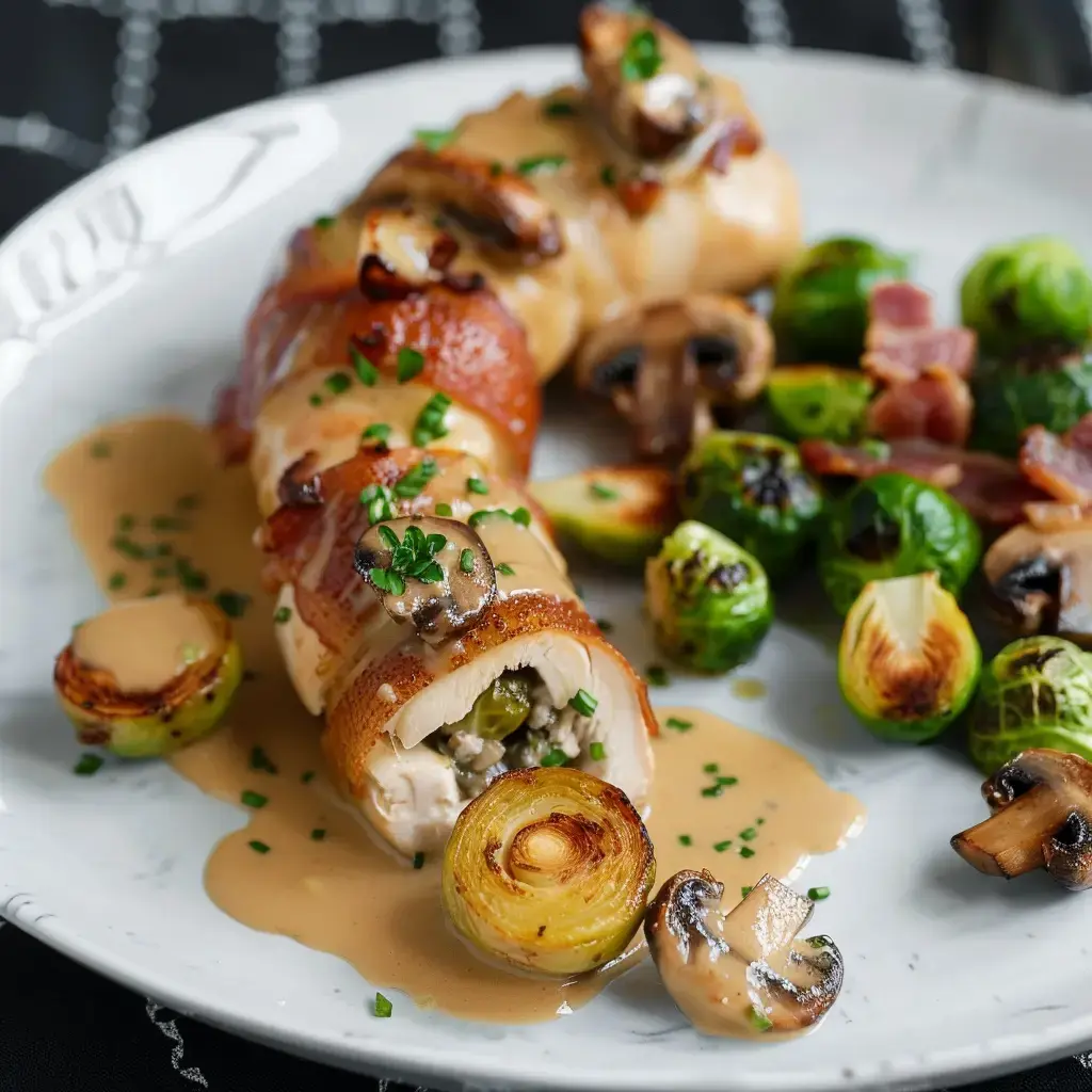 Un plat de poulet rôti enroulé de bacon, accompagné de choux de Bruxelles, de champignons et d'une sauce crémeuse.