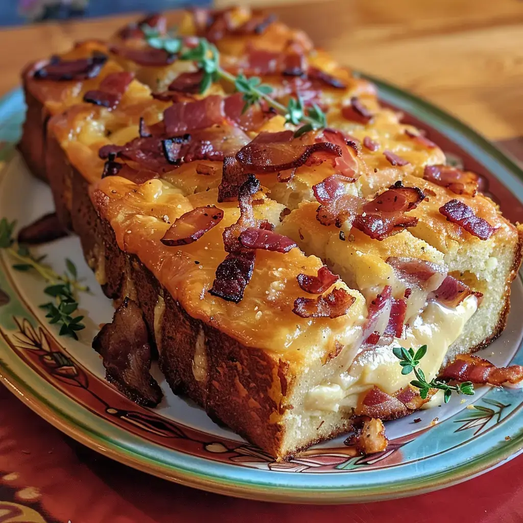 Un pain au fromage garni de morceaux de bacon croustillant, servi sur un plat coloré.