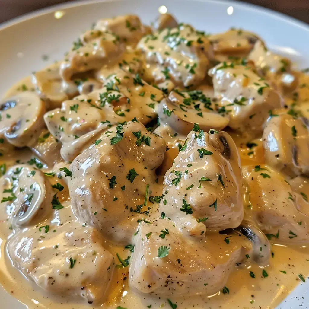 Plat de poulet en sauce crémeuse avec des champignons et garni de persil.