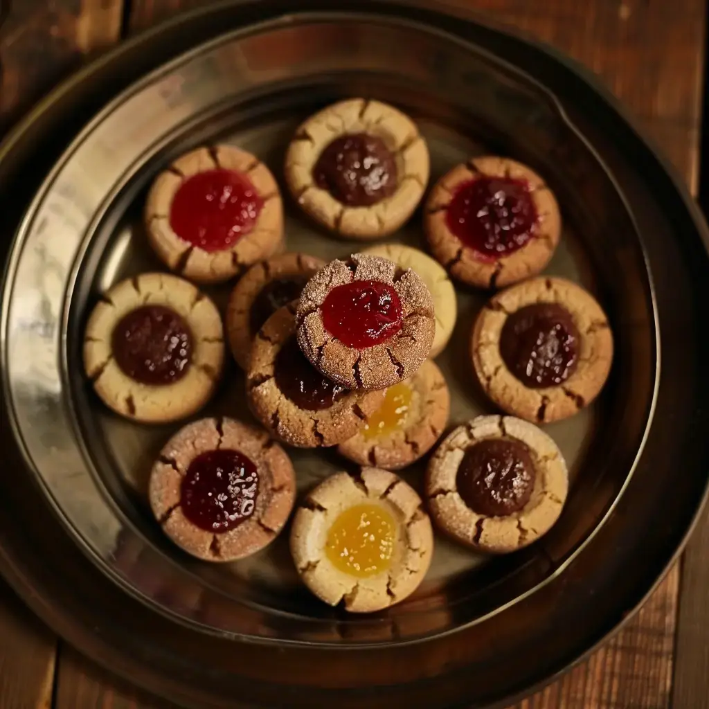 Assiette en métal contenant des biscuits fourrés de différentes confitures, soigneusement disposés.