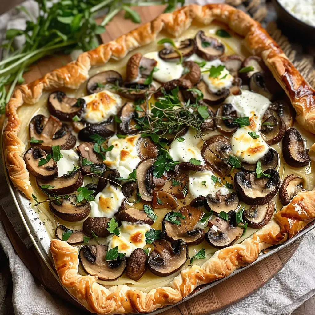 Tarte feuilletée garnie de champignons, mozzarella et herbes fraîches.