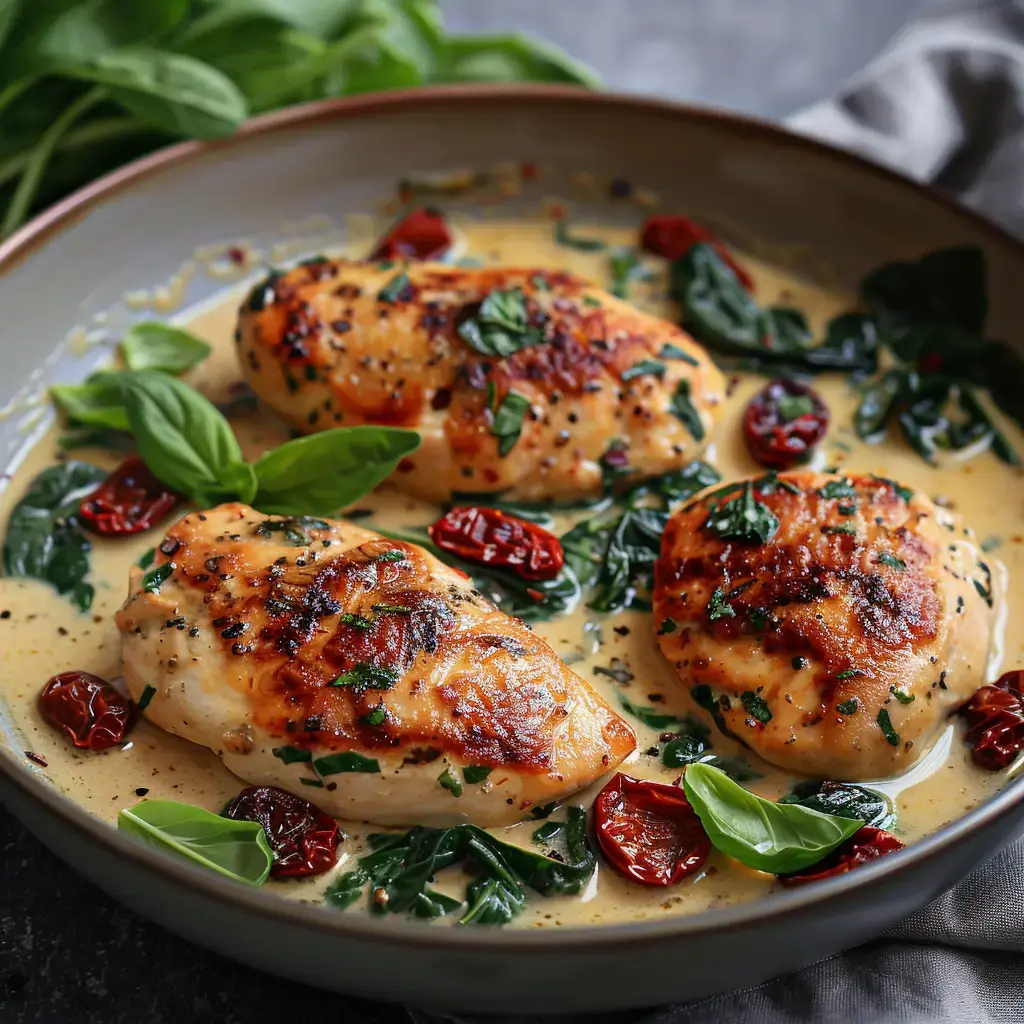 Des blancs de poulet cuisinés avec des épinards, des tomates séchées et une sauce crémeuse, garnis de basilic frais.