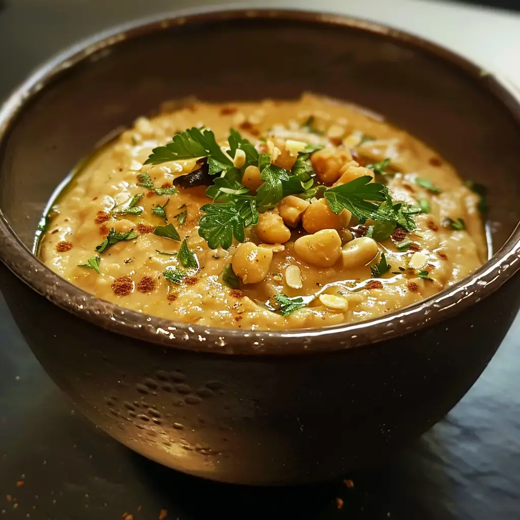 Un bol de soupe épaisse garni de coriandre, de pois chiches et de noix, avec un léger assaisonnement visible.