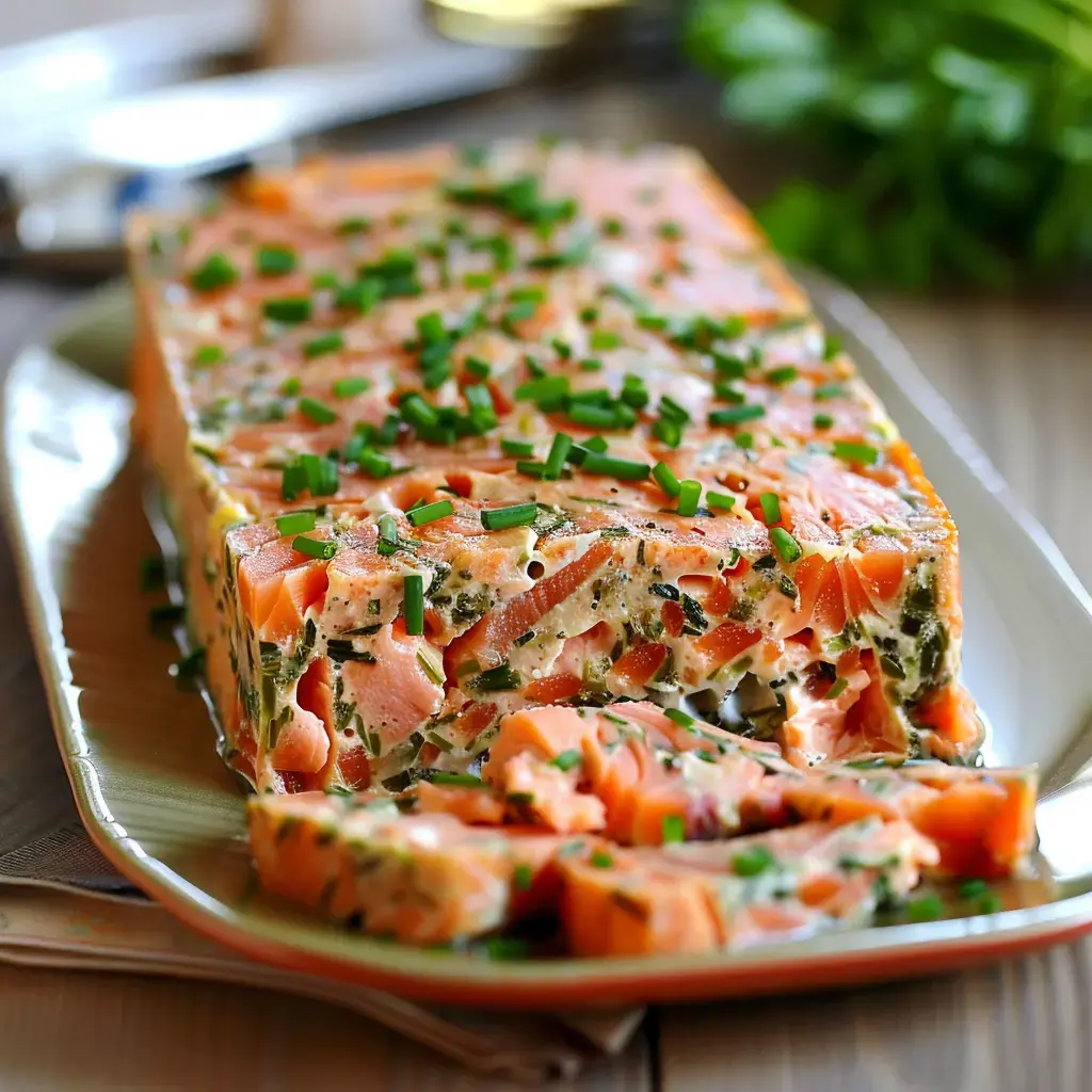 Un plat de terrine de saumon garni de ciboulette, avec des tranches coupées sur une assiette.