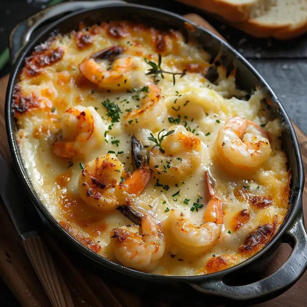 Un plat savoureux de crevettes gratinées au fromage, servi dans un plat noir, garni de persil et de thym.