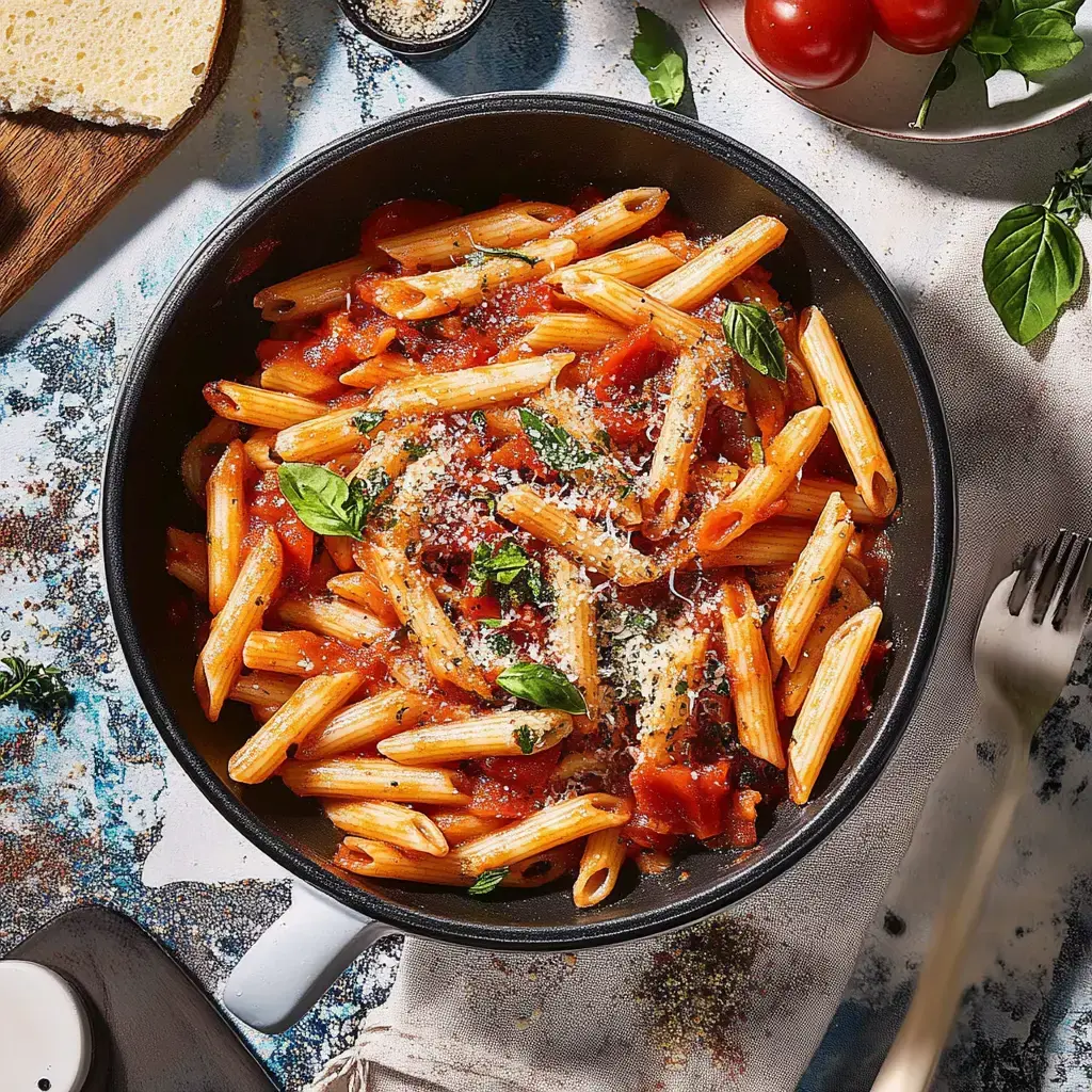 Un plat de pâtes penne à la sauce tomate, garni de basilic frais et de fromage râpé, accompagné de pain et de tomates cerises.