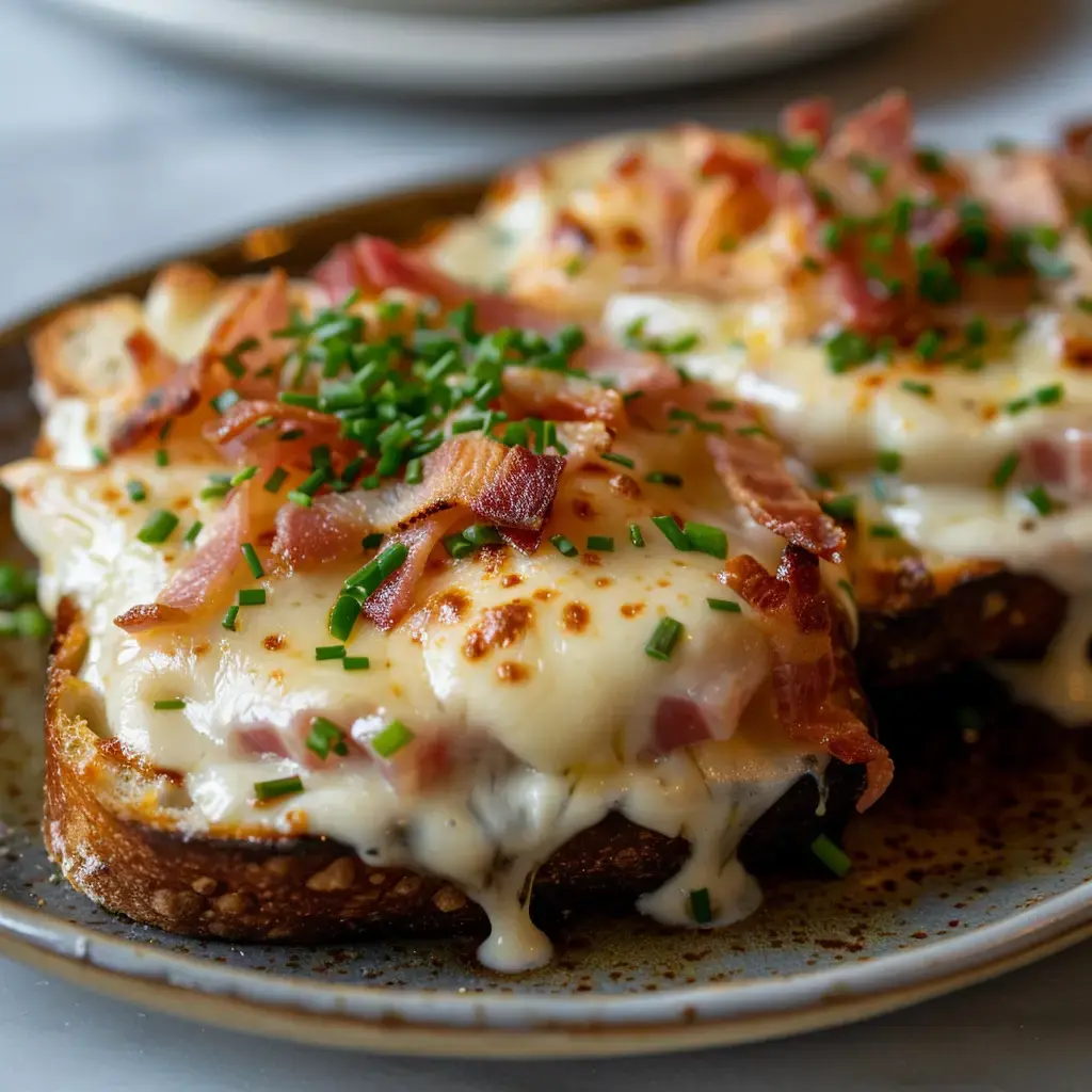 Deux tartines croustillantes garnies de fromage fondu, de bacon croustillant et de ciboulette, servies sur une assiette.