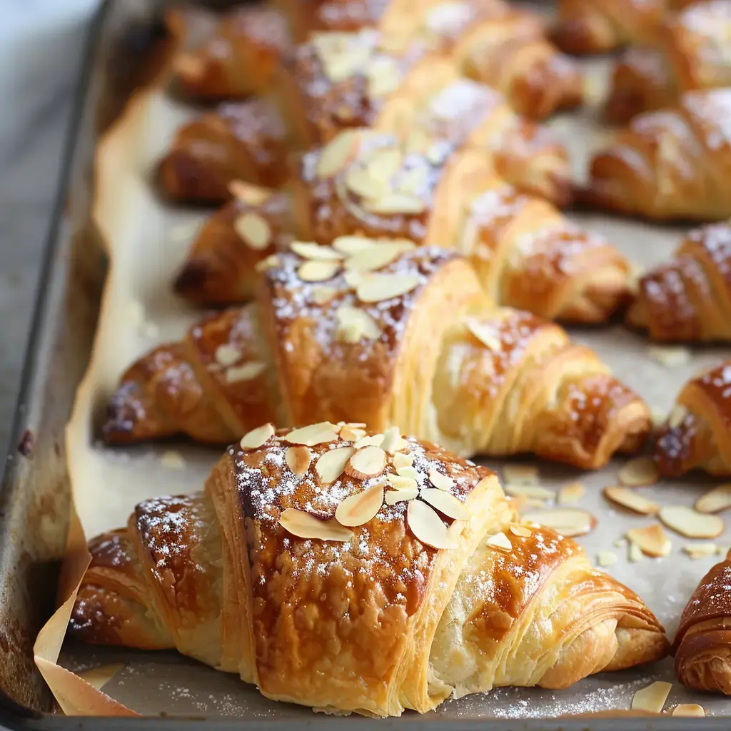 Des croissants dorés, saupoudrés de sucre glace et garnis d'amandes, cuisent sur une plaque de cuisson.