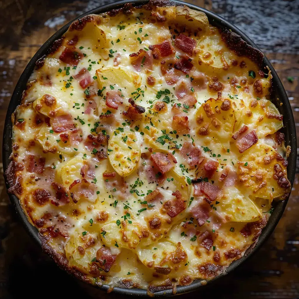 Un plat de gratin de pommes de terre au fromage, bacon et herbes, doré et croustillant, servi dans un plat rond.