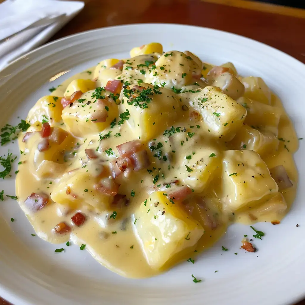 Un plat de gnocchis nappés d'une sauce crémeuse, garnis de dés de bacon et de persil.