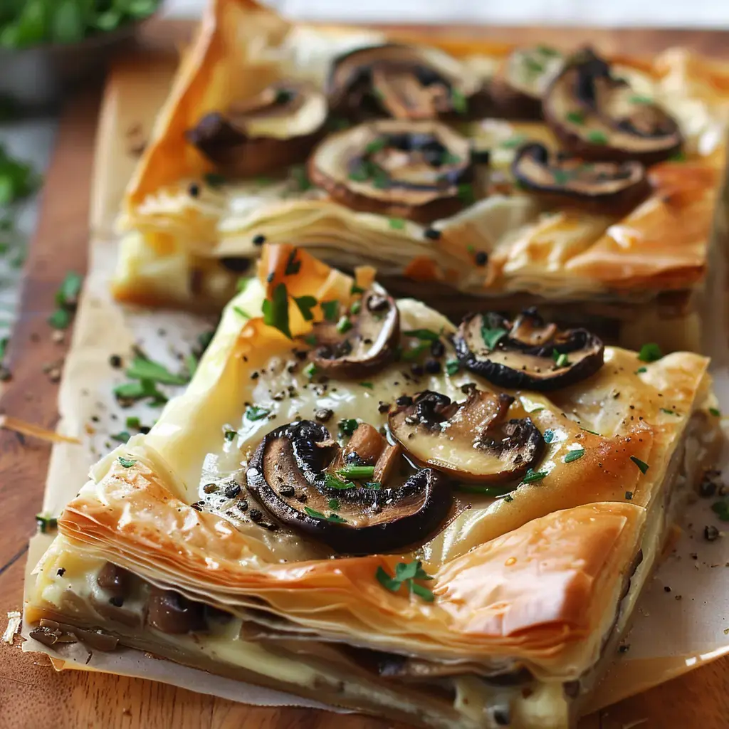 Deux portions de pâte feuilletée garnies de champignons et d'herbes, présentées sur une planche en bois.