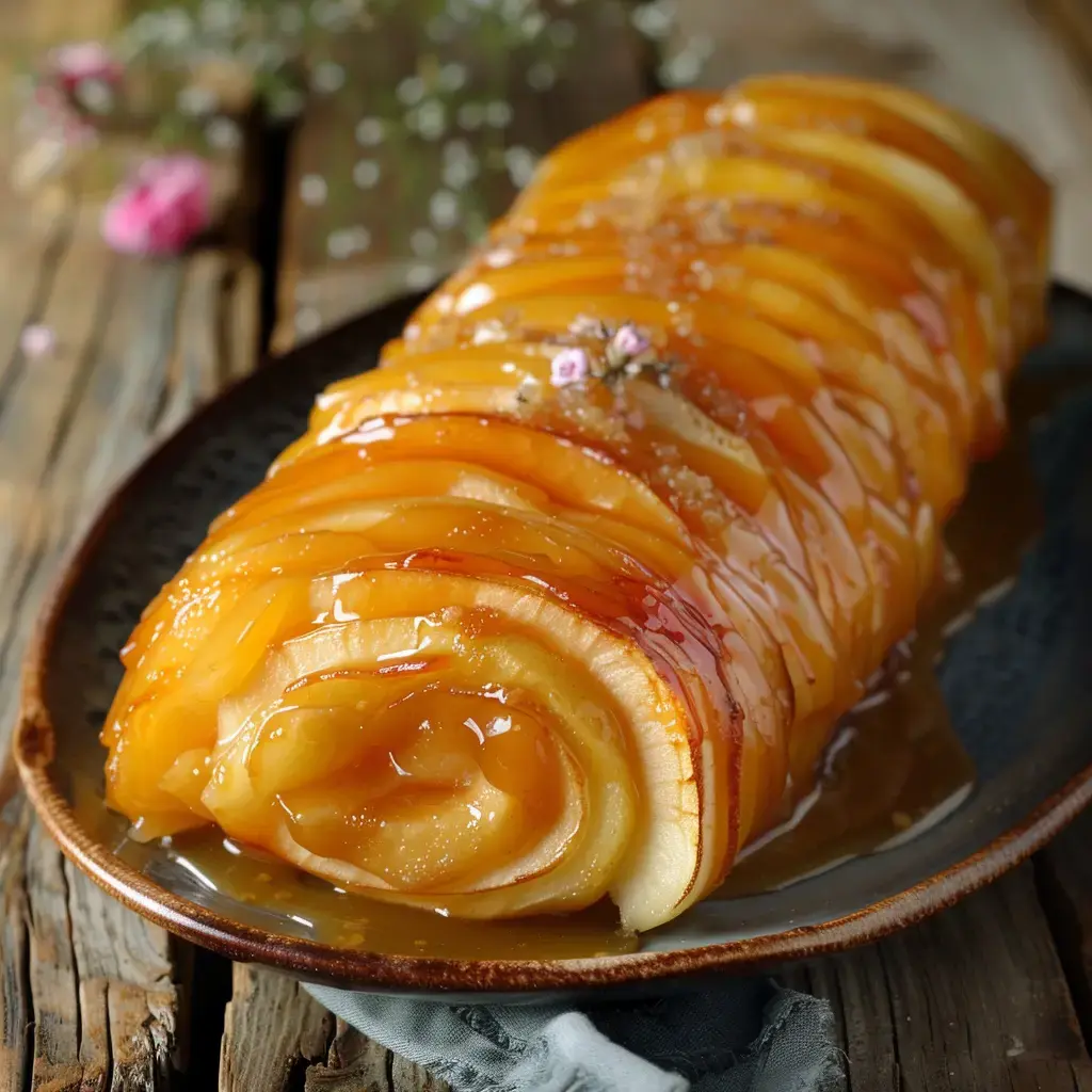 Un dessert aux pommes enroulé, nappé de caramel et décoré de petites fleurs, présenté sur une assiette.