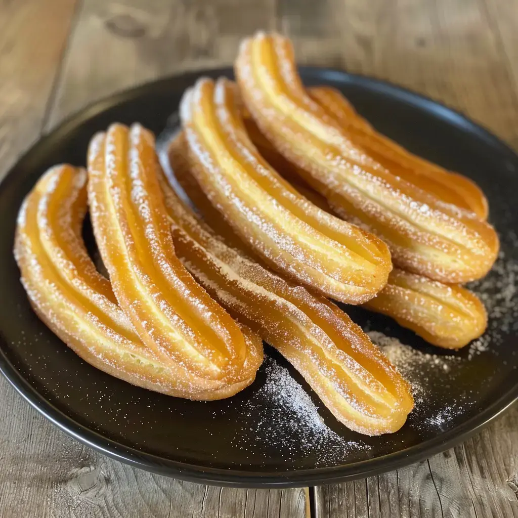 Une assiette noire contient des churros dorés saupoudrés de sucre, déposés sur une table en bois.